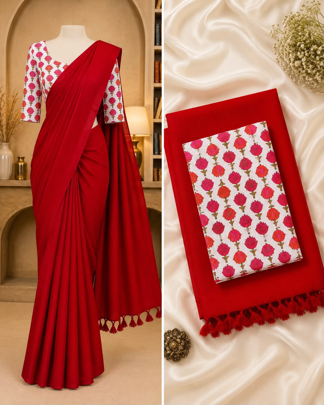 Handloom Khadi Cotton Saree with Contrast Blouse