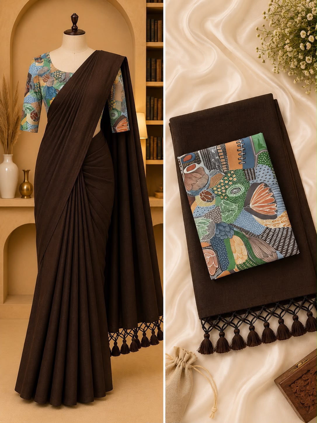 Handloom Khadi Cotton Saree with Contrast Blouse