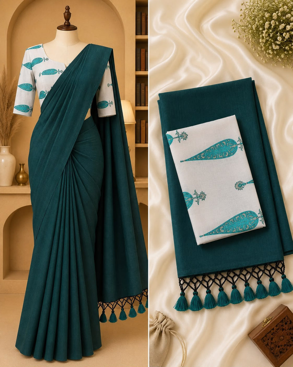 Handloom Khadi Cotton Saree with Contrast Blouse