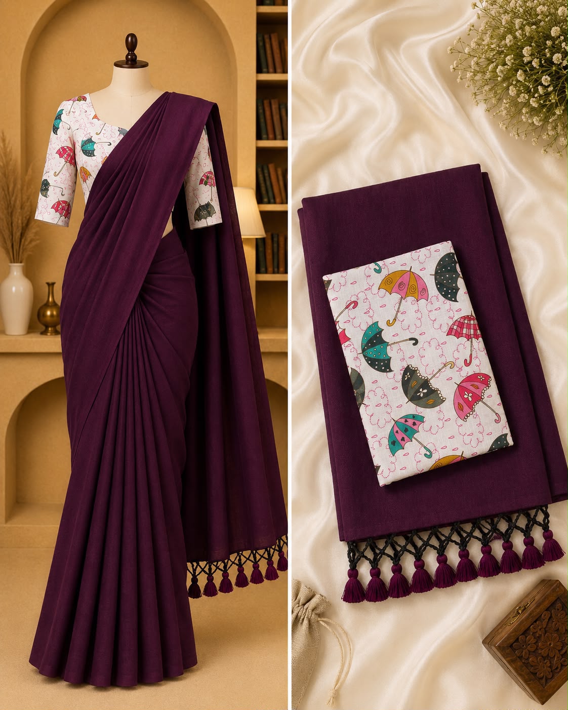 Handloom Khadi Cotton Saree with Contrast Blouse