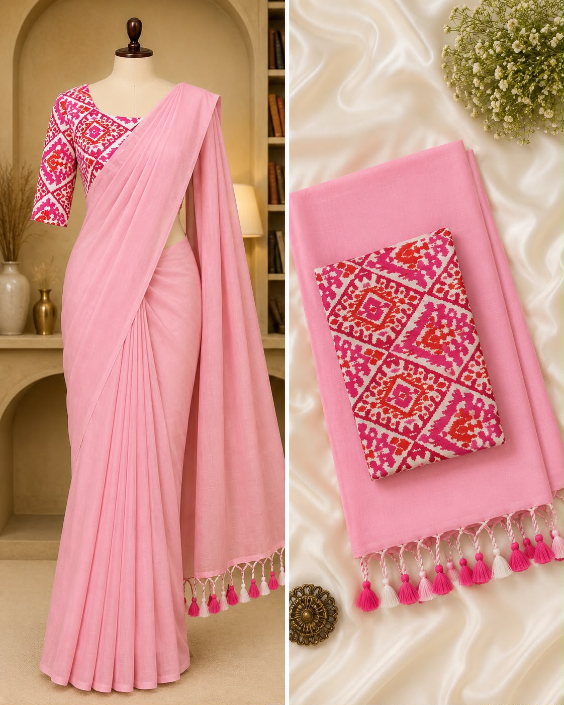 Handloom Khadi Cotton Saree with Contrast Blouse