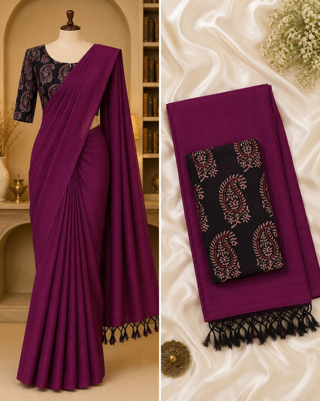 Handloom Khadi Cotton Saree with Contrast Blouse