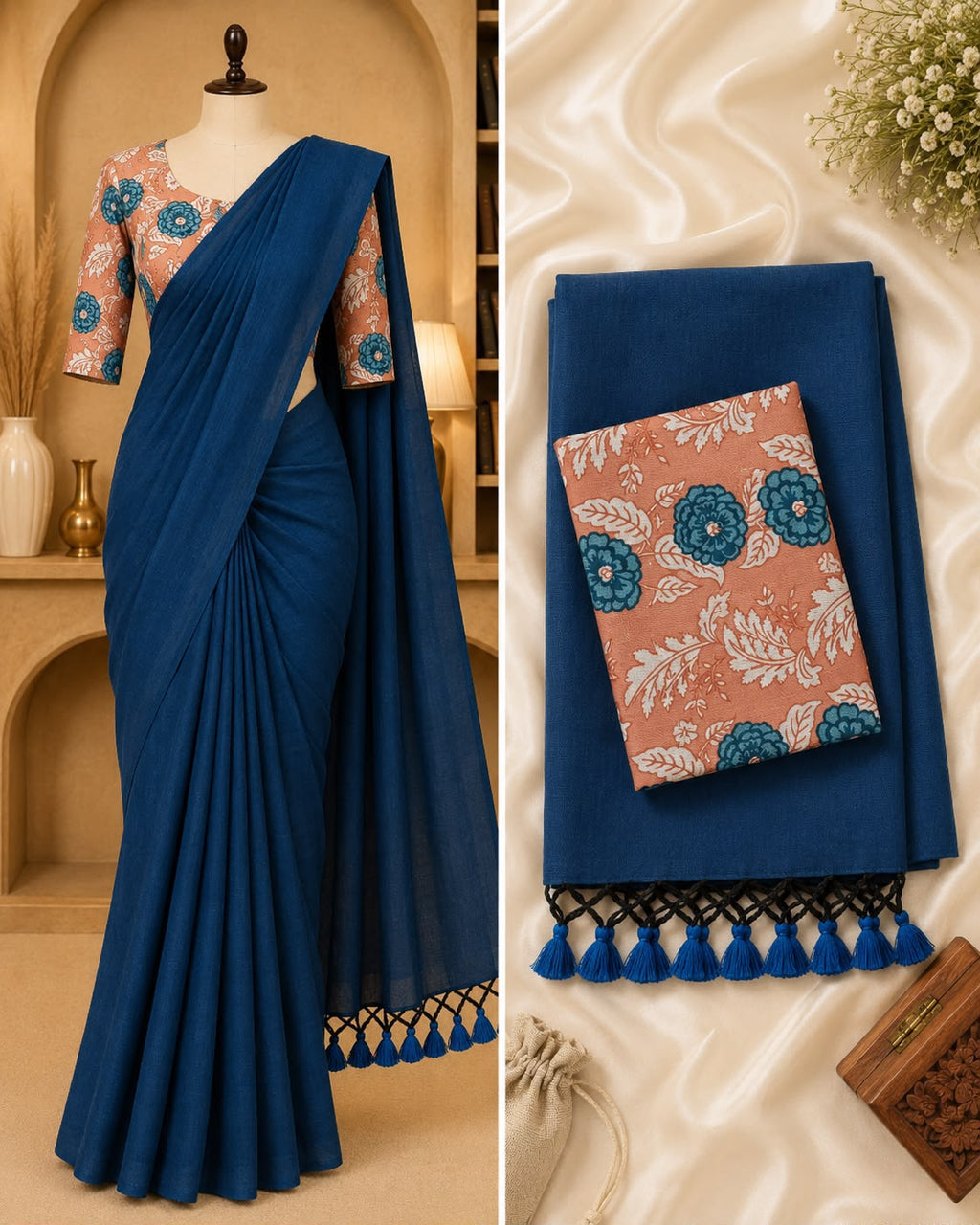 Handloom Khadi Cotton Saree with Contrast Blouse