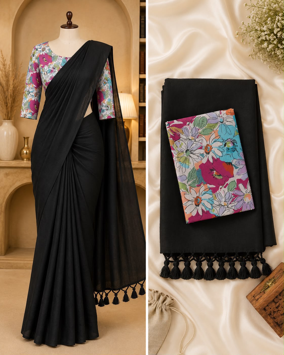 Handloom Khadi Cotton Saree with Contrast Blouse