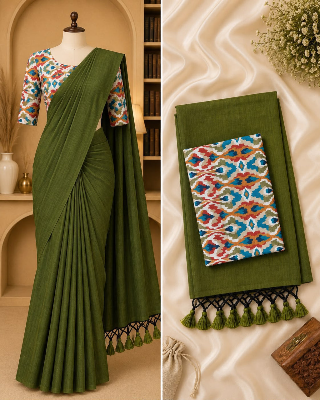 Handloom Khadi Cotton Saree with Contrast Blouse