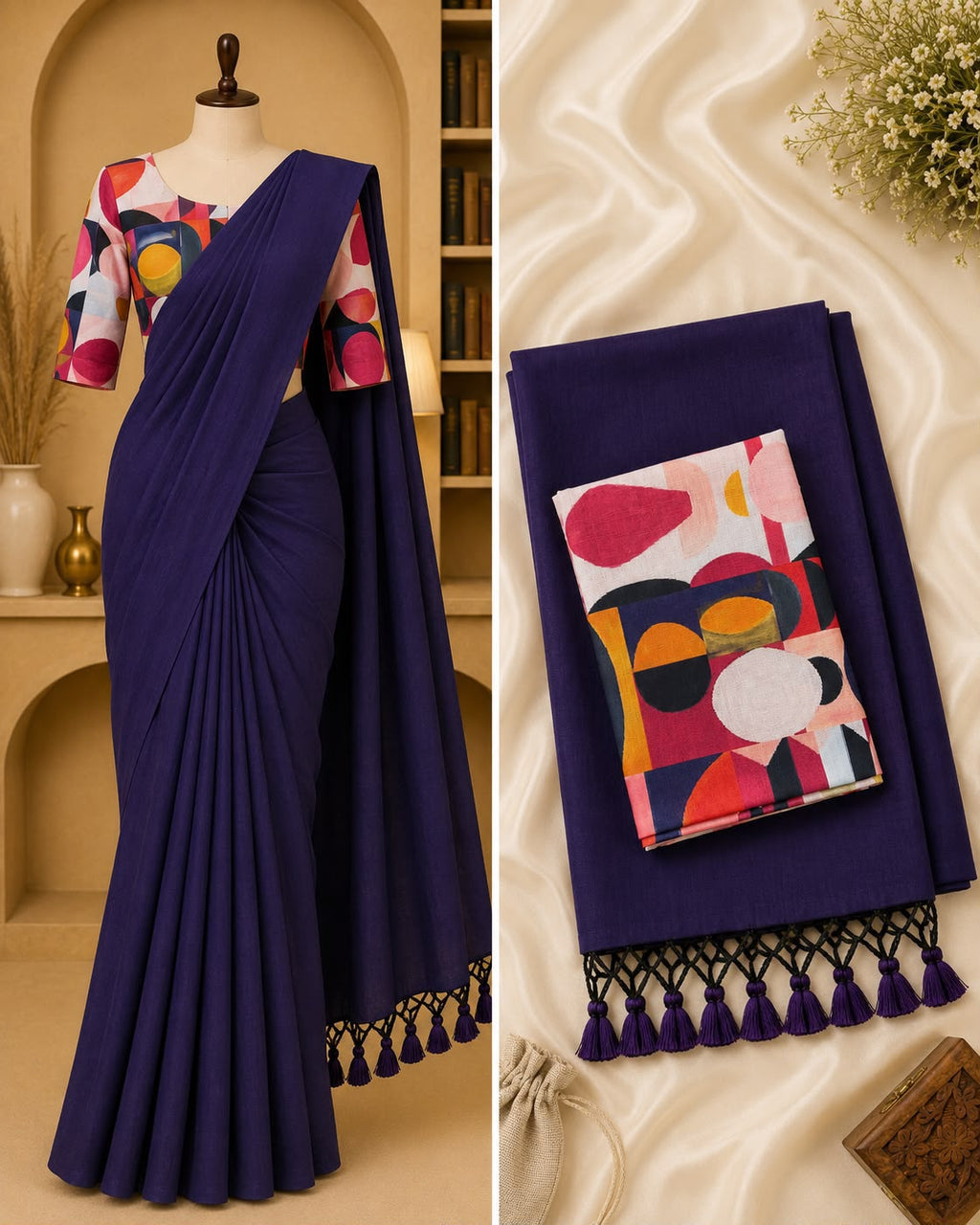 Handloom Khadi Cotton Saree with Contrast Blouse