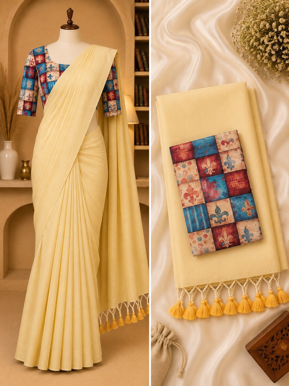 Handloom Khadi Cotton Saree with Contrast Blouse