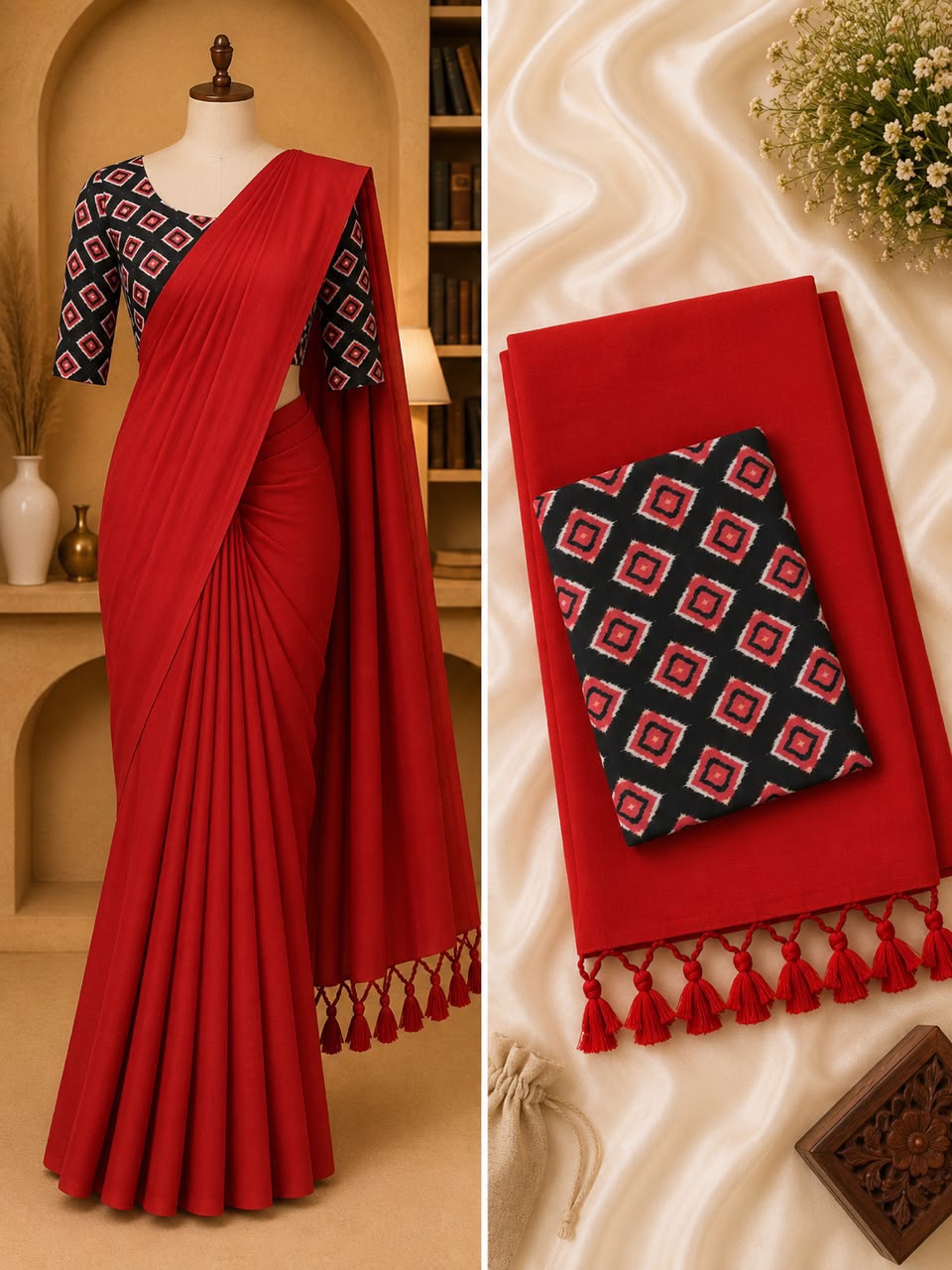 Handloom Khadi Cotton Saree with Contrast Blouse