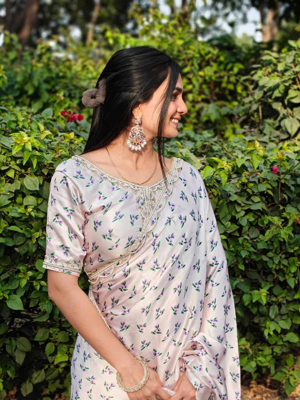 Japan Satin Digital Print Saree with Handwork Khatli Blouse