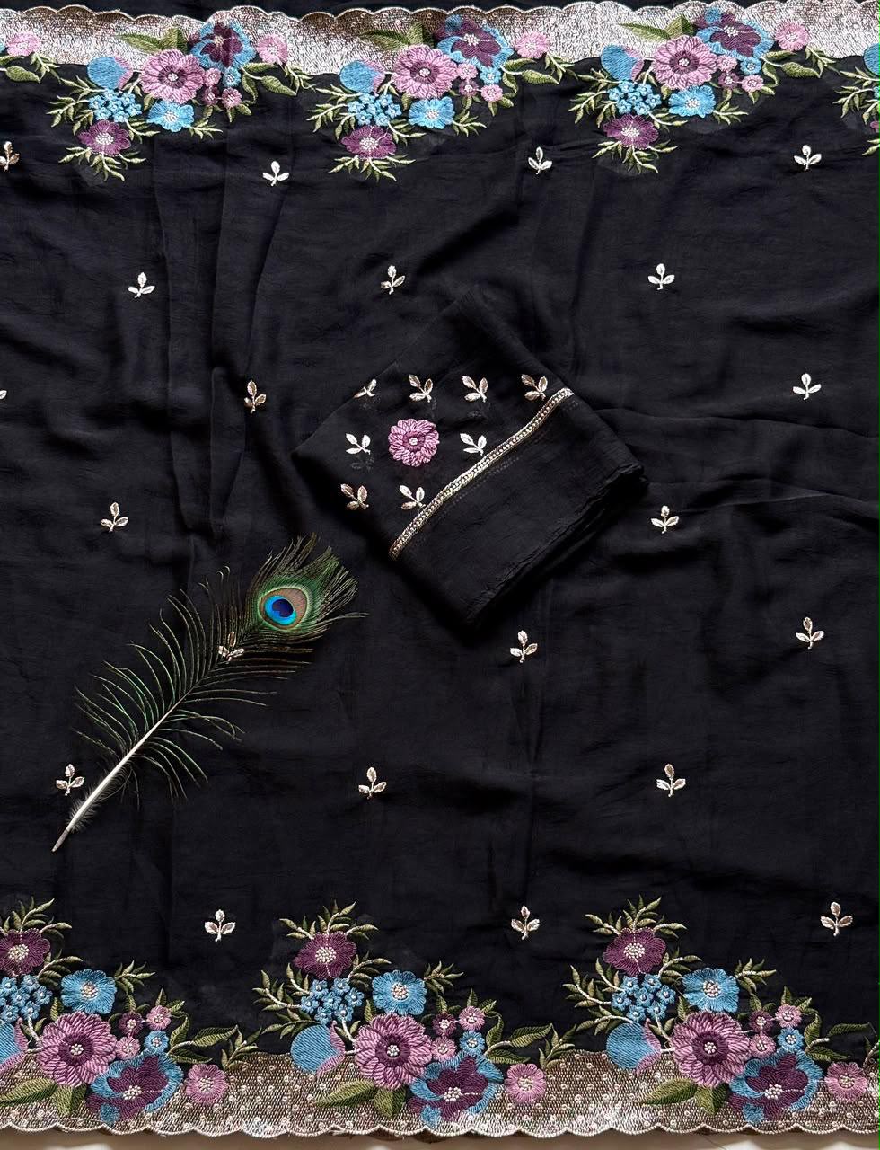 Soft Crush Silk Saree with Multicolor Embroidery Work