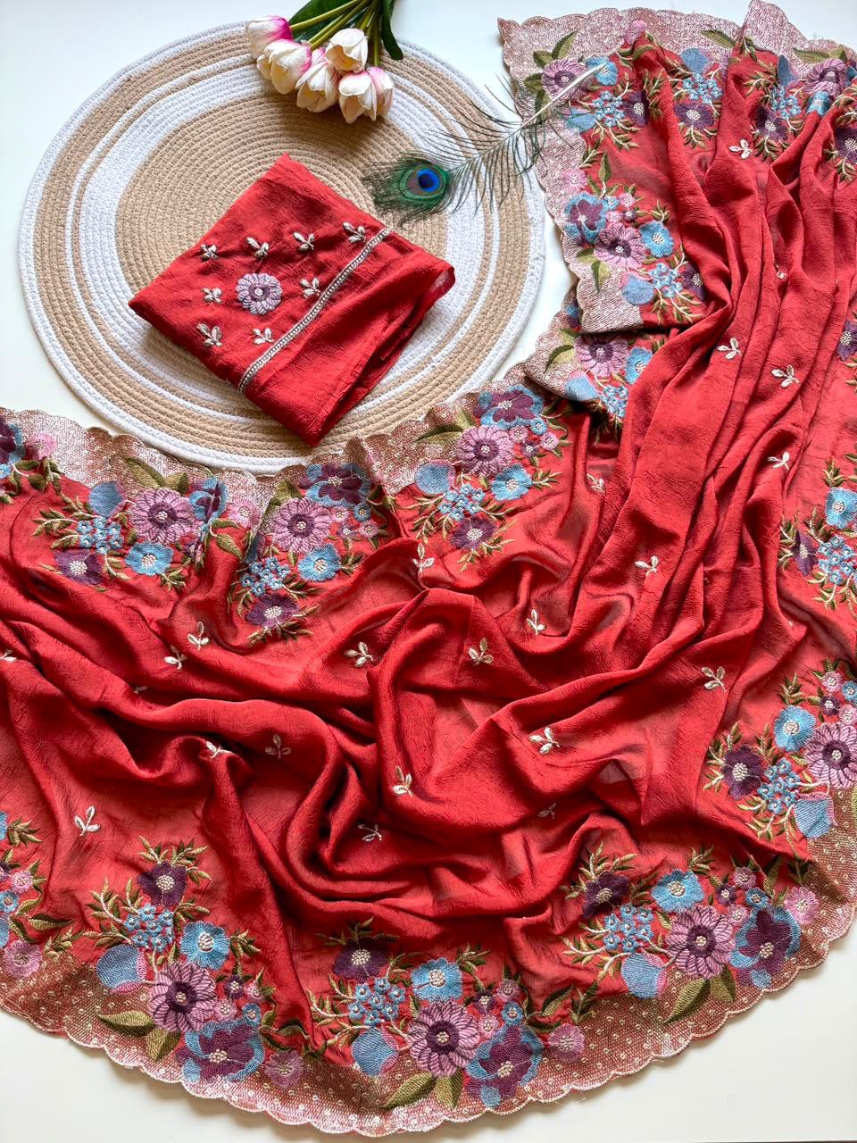 Soft Crush Silk Saree with Multicolor Embroidery Work