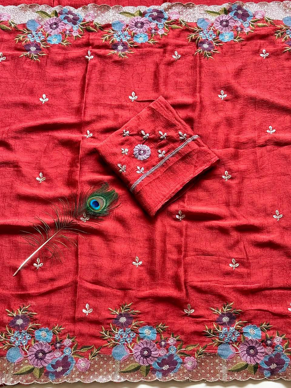 Soft Crush Silk Saree with Multicolor Embroidery Work