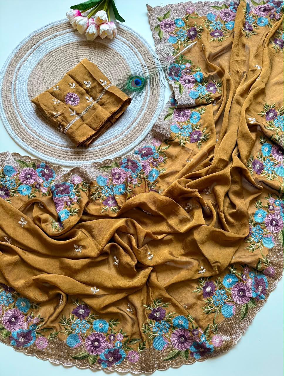 Soft Crush Silk Saree with Multicolor Embroidery Work