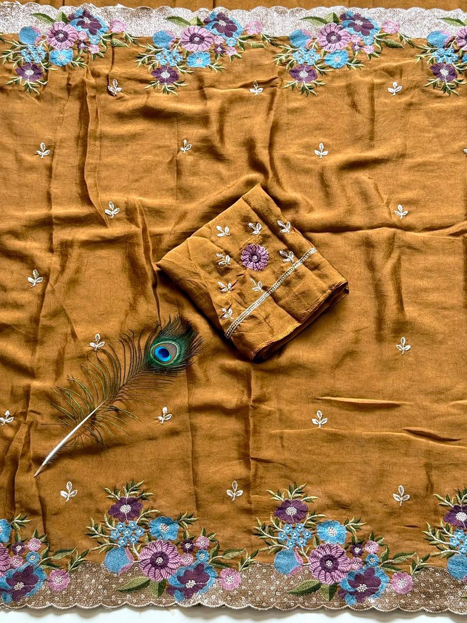 Soft Crush Silk Saree with Multicolor Embroidery Work