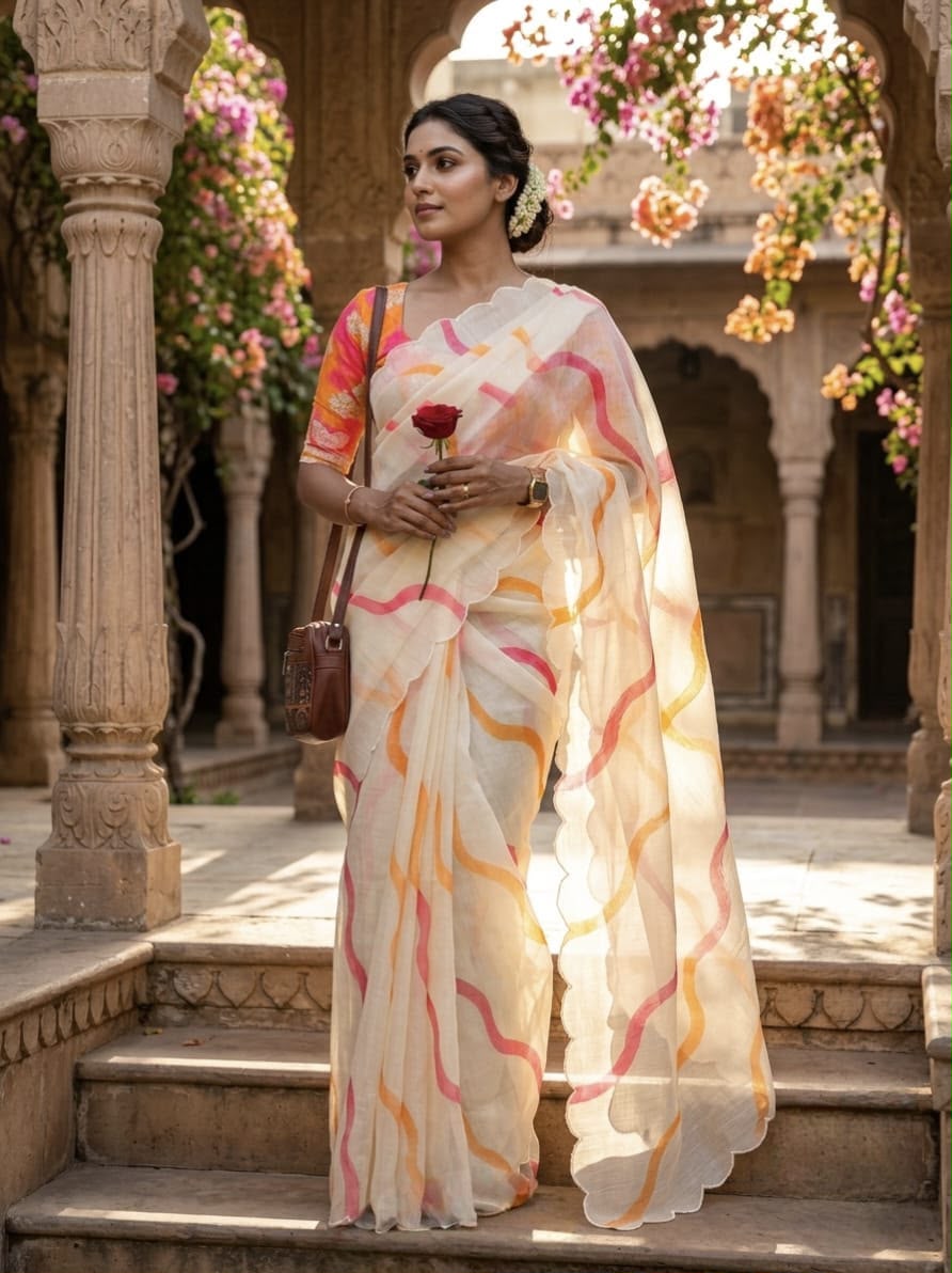 Linen Lehariya Digital Print Saree with Arco Work Border