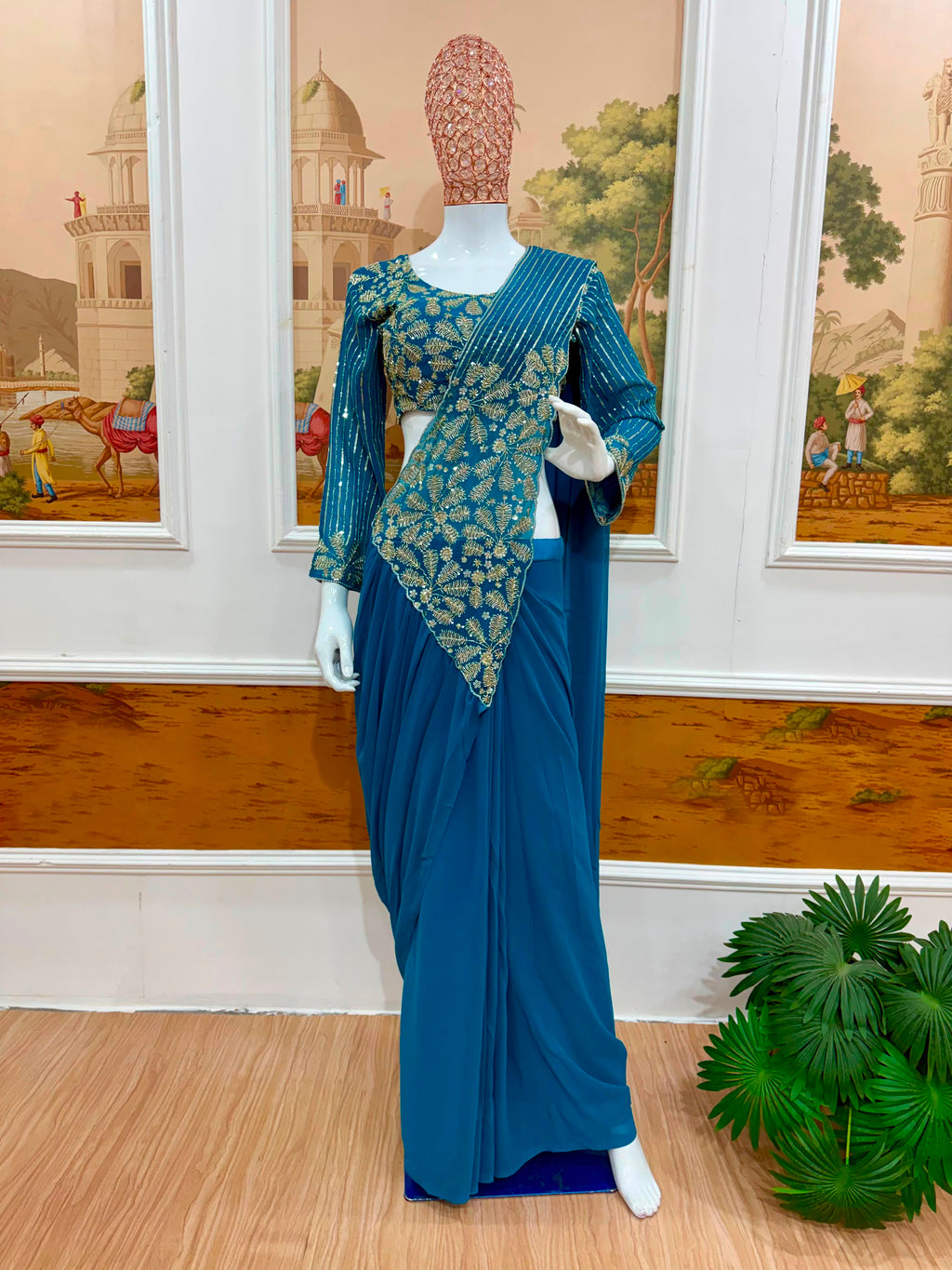 Ready-To-Wear Faux Georgette Drape Saree with Semi-Beads Embroidered Blouse