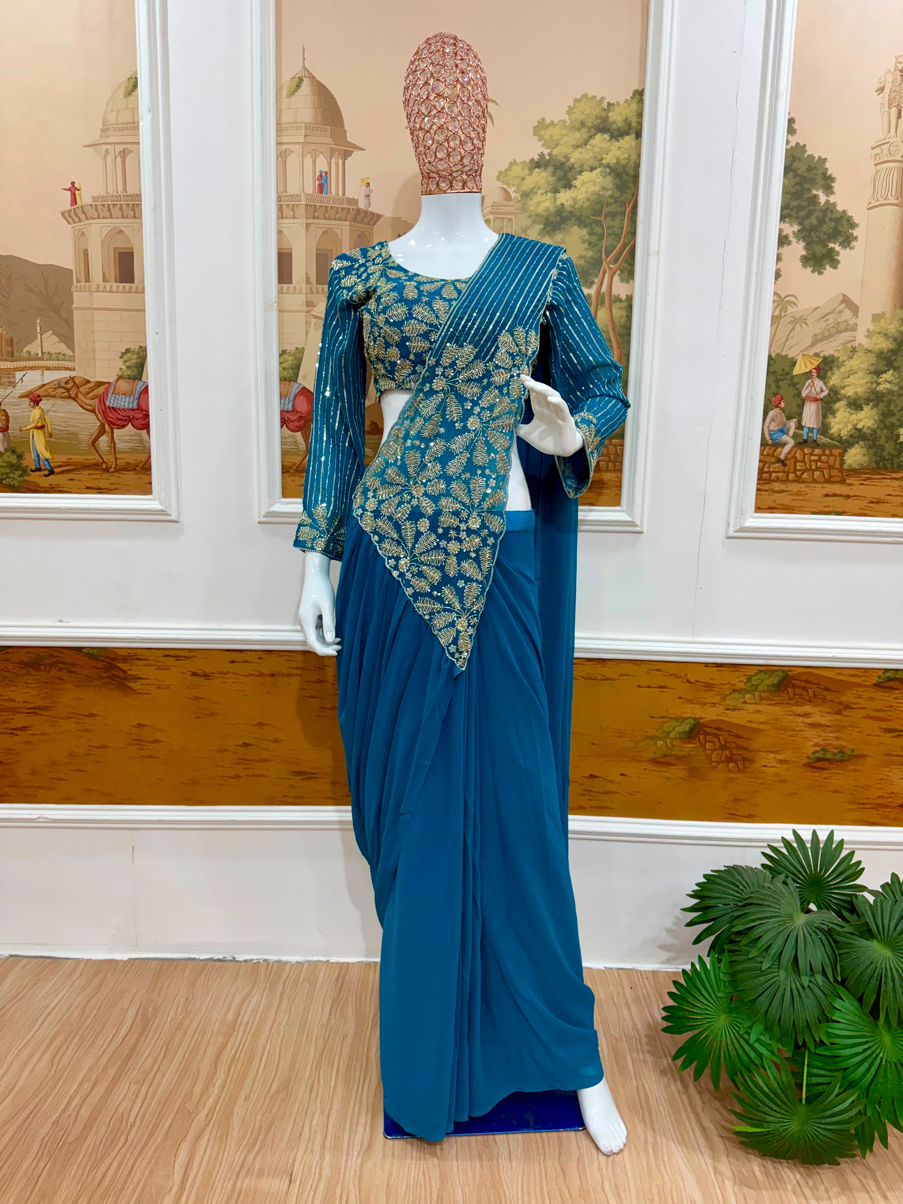 Ready-To-Wear Faux Georgette Drape Saree with Semi-Beads Embroidered Blouse