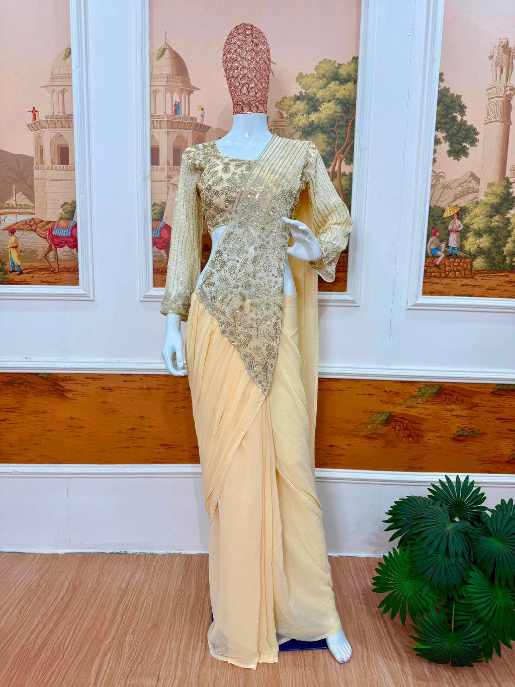 Ready-To-Wear Faux Georgette Drape Saree with Semi-Beads Embroidered Blouse
