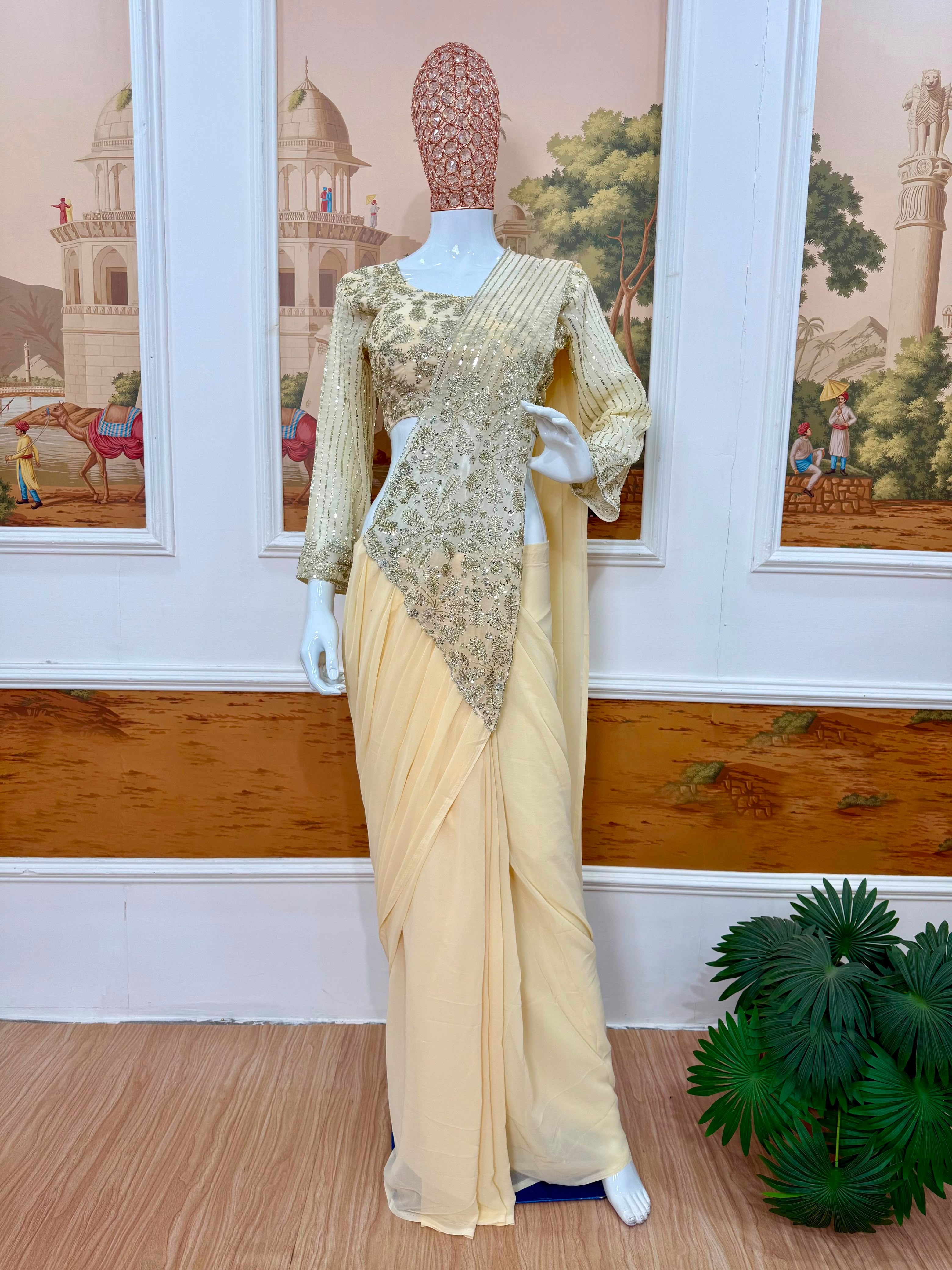 Ready-To-Wear Faux Georgette Drape Saree with Semi-Beads Embroidered Blouse