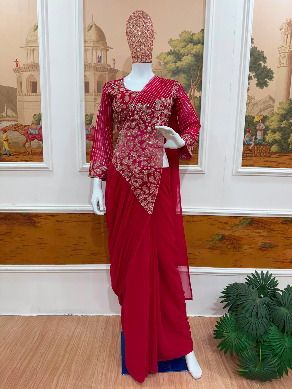 Ready-To-Wear Faux Georgette Drape Saree with Semi-Beads Embroidered Blouse