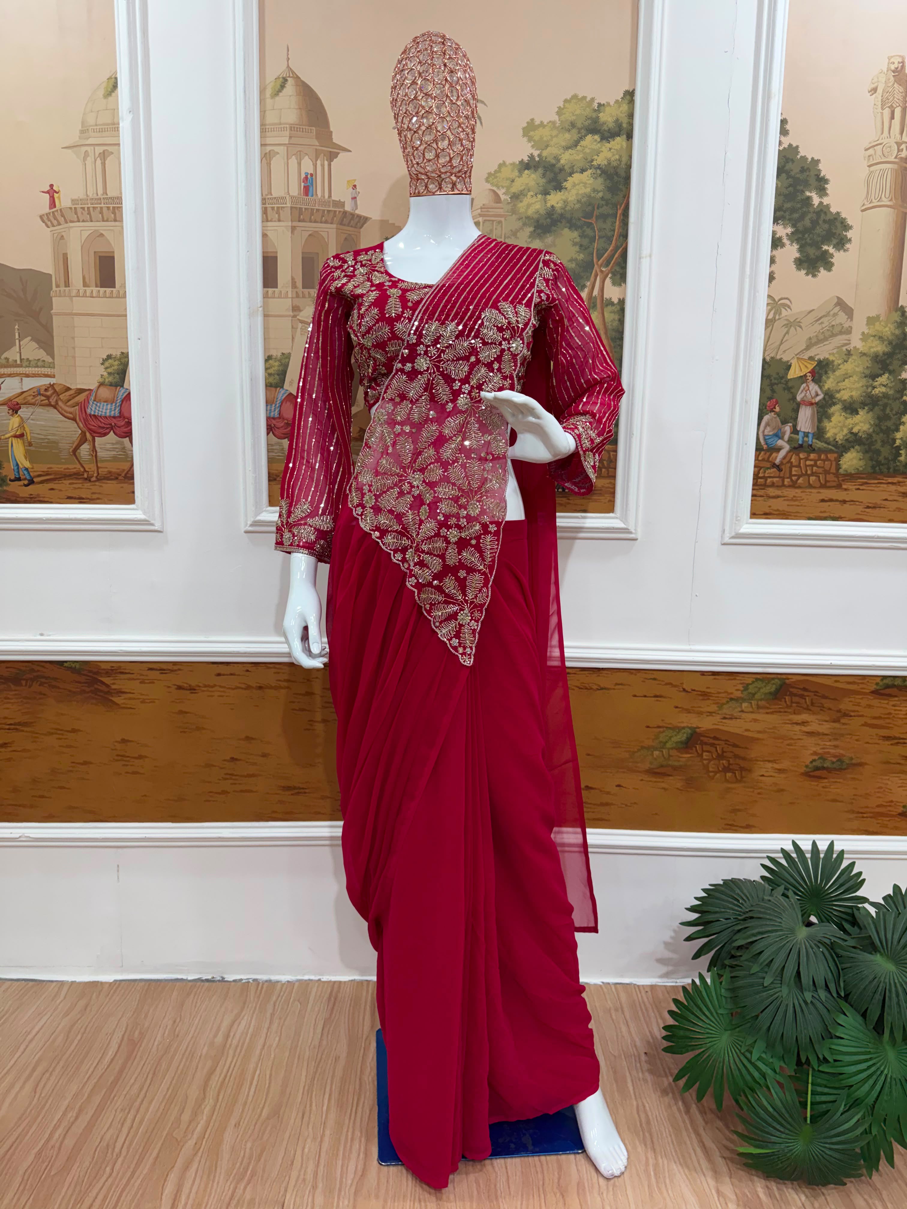 Ready-To-Wear Faux Georgette Drape Saree with Semi-Beads Embroidered Blouse