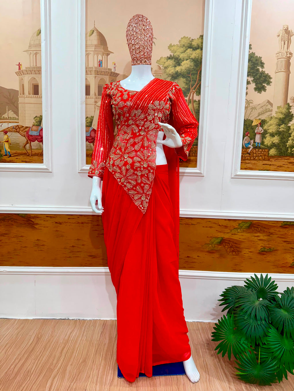 Ready-To-Wear Faux Georgette Drape Saree with Semi-Beads Embroidered Blouse
