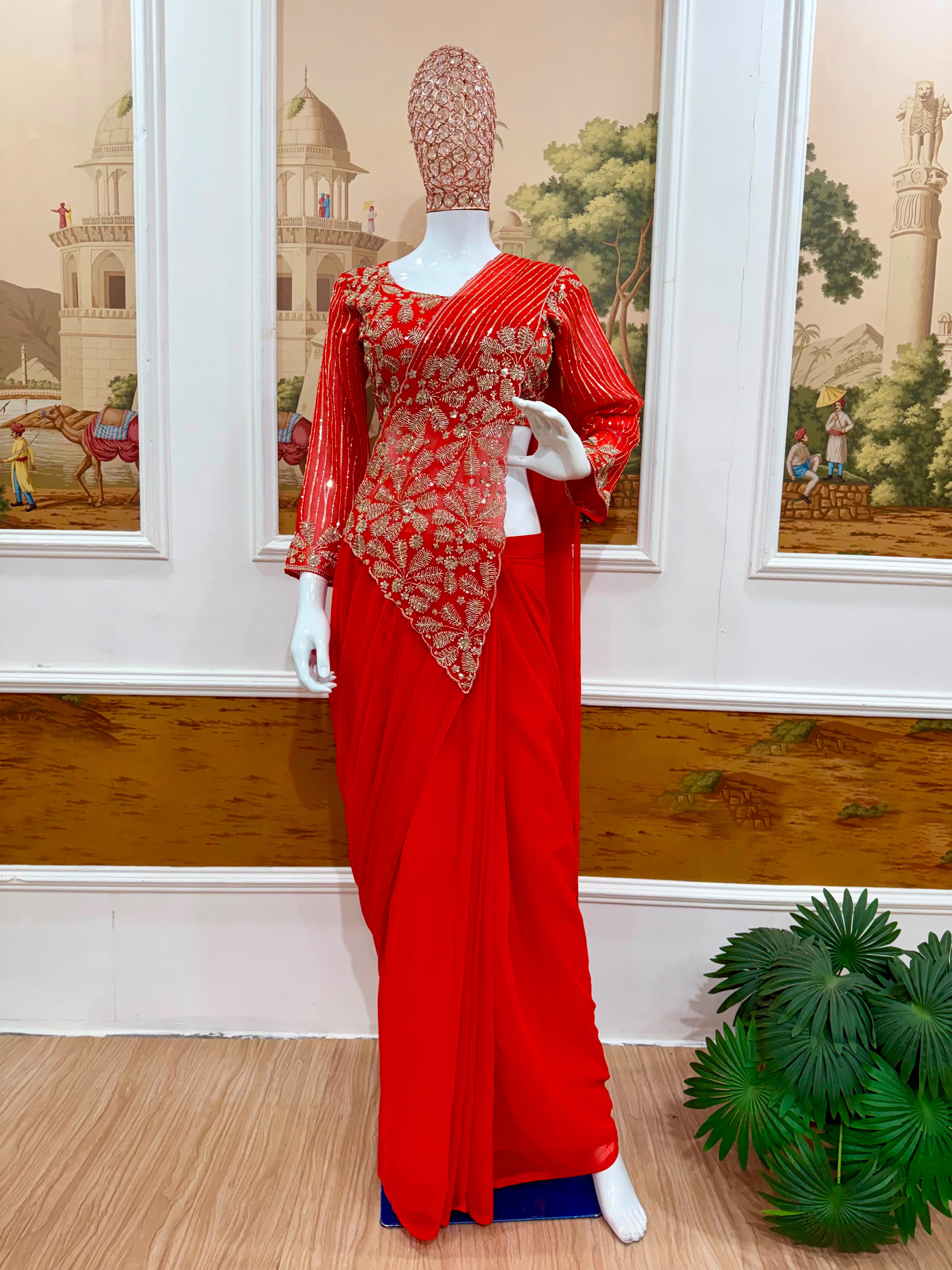 Ready-To-Wear Faux Georgette Drape Saree with Semi-Beads Embroidered Blouse