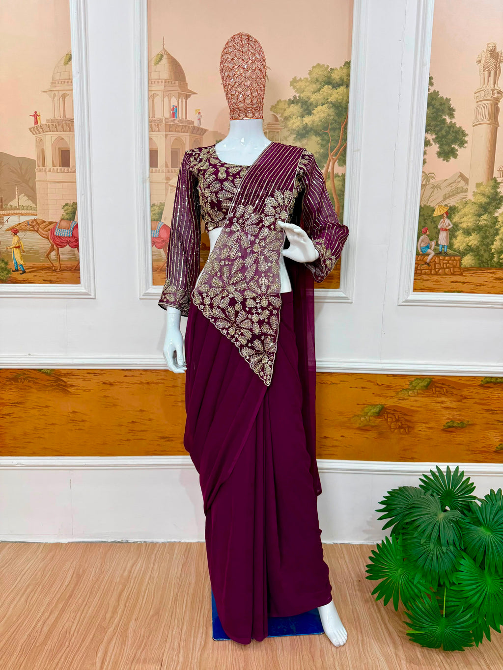 Ready-To-Wear Faux Georgette Drape Saree with Semi-Beads Embroidered Blouse