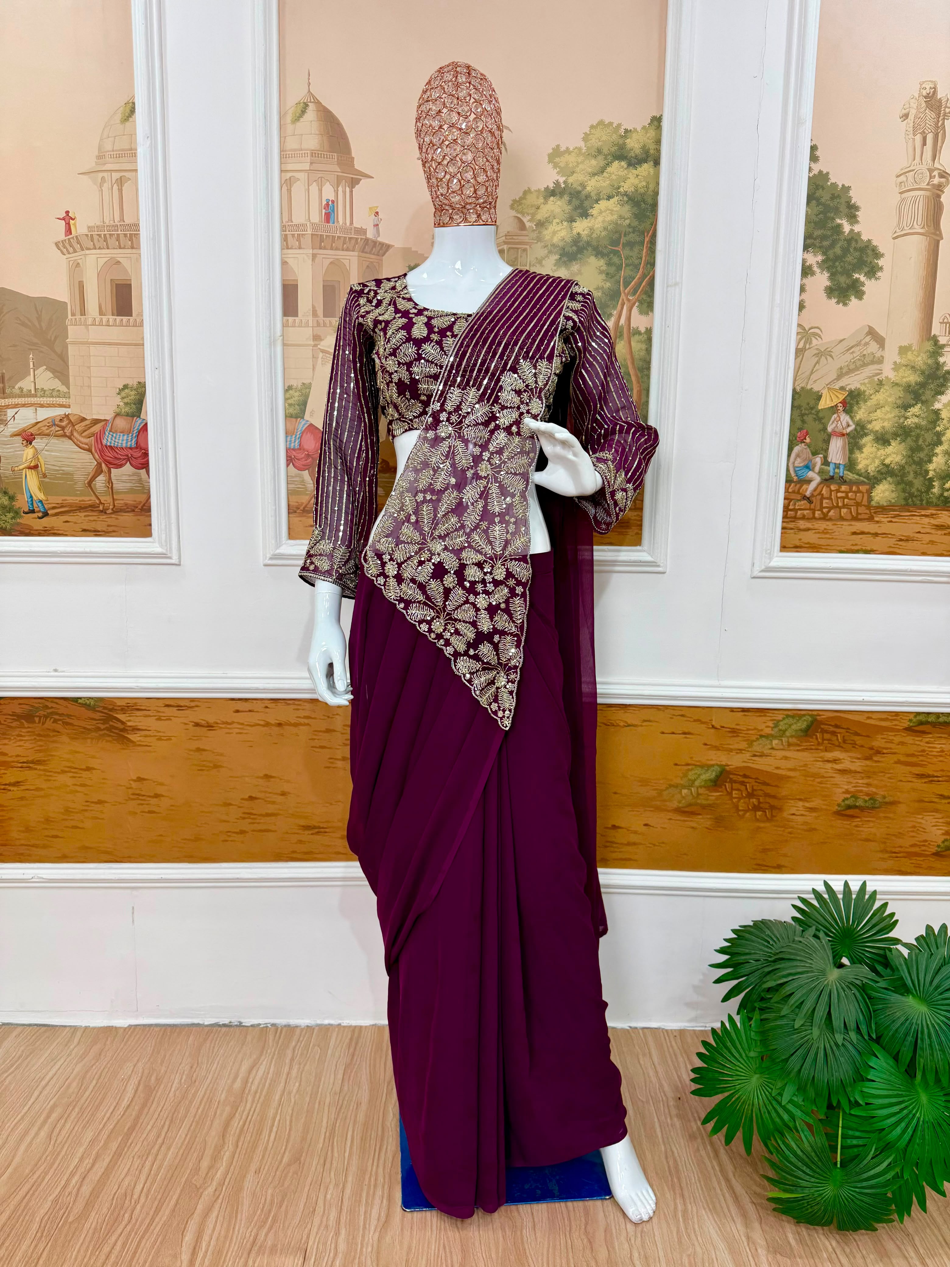 Ready-To-Wear Faux Georgette Drape Saree with Semi-Beads Embroidered Blouse