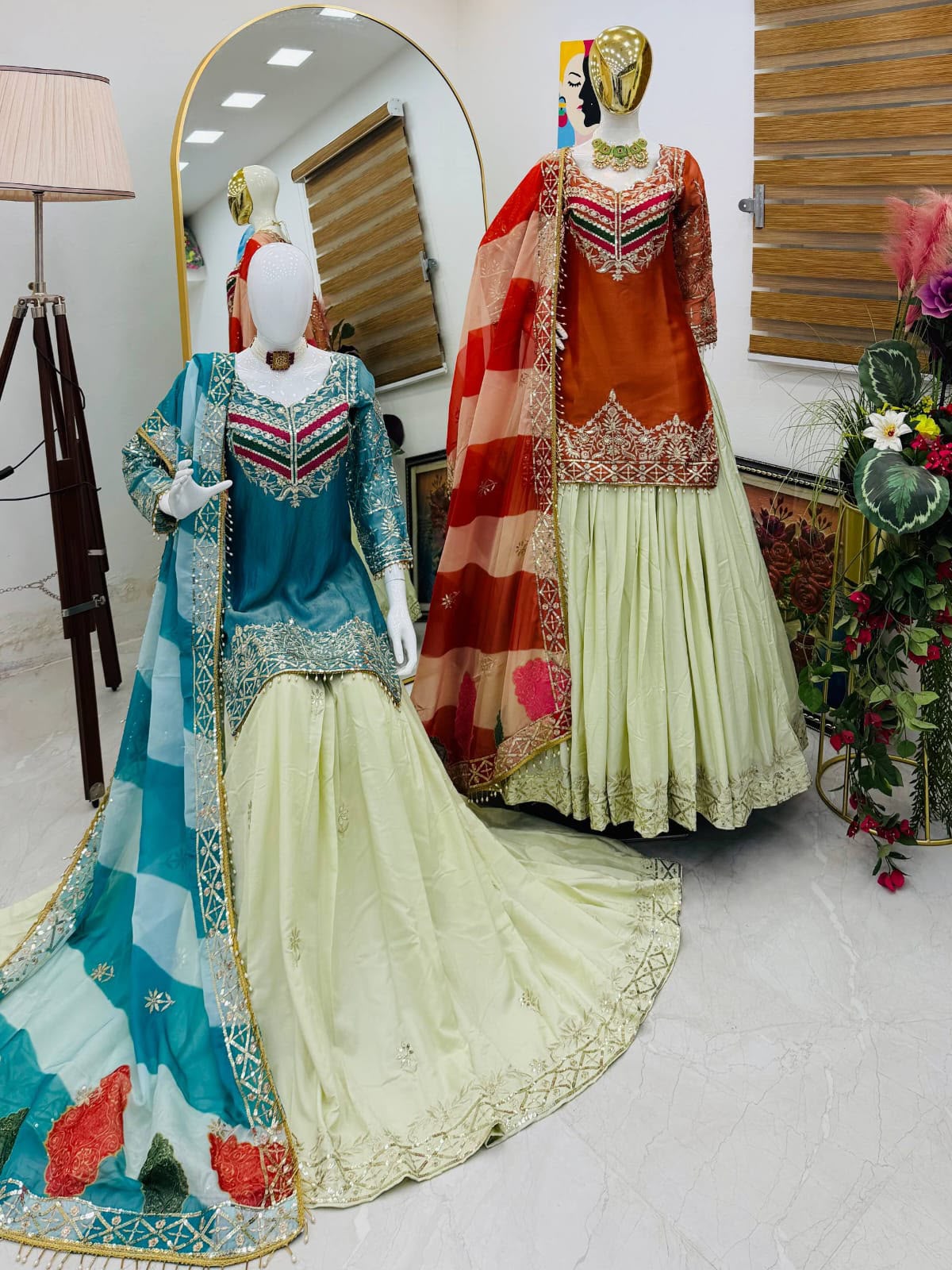 Fancy Silk Embroidered Top with Crepe Silk Lehenga & Organza Dupatta
