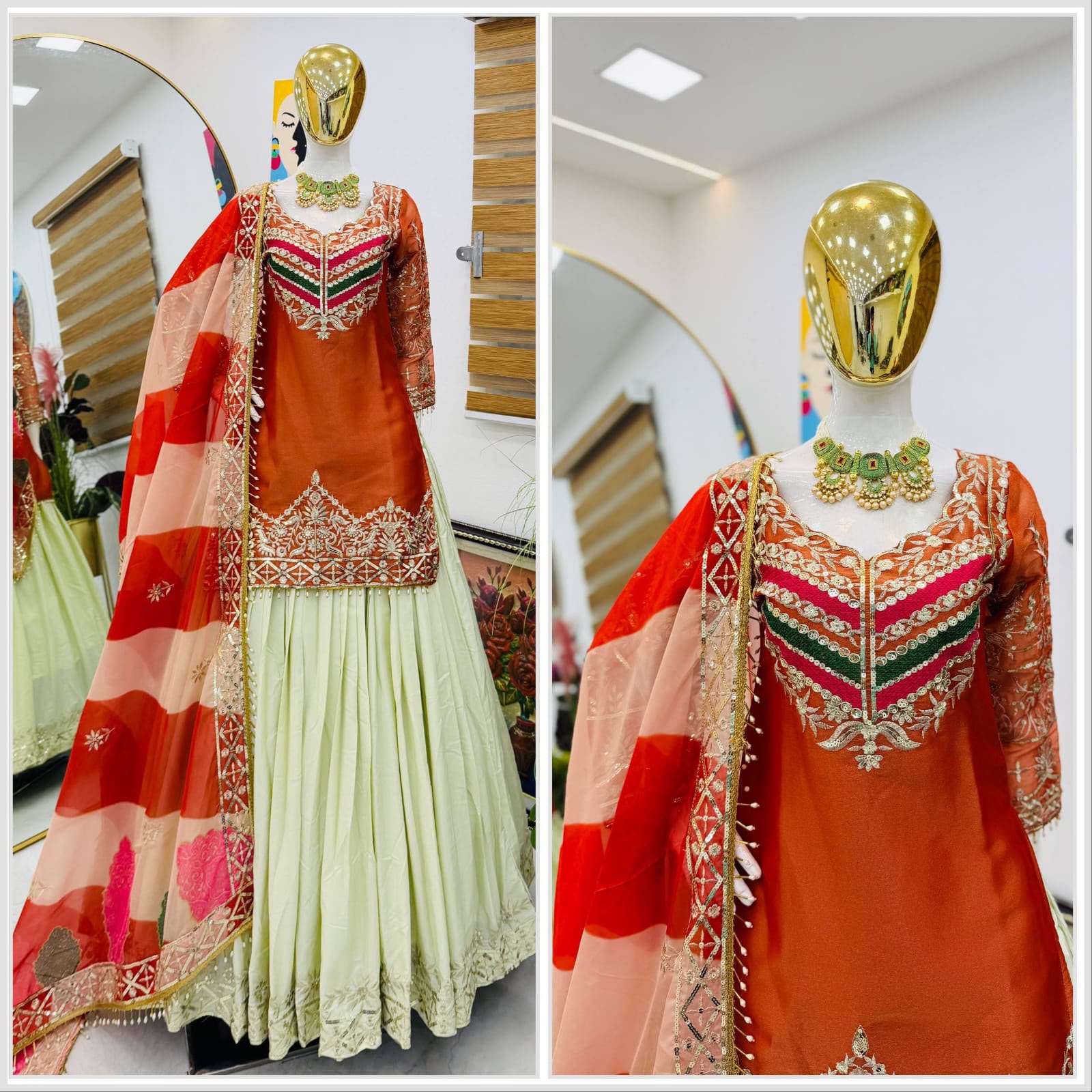 Fancy Silk Embroidered Top with Crepe Silk Lehenga & Organza Dupatta
