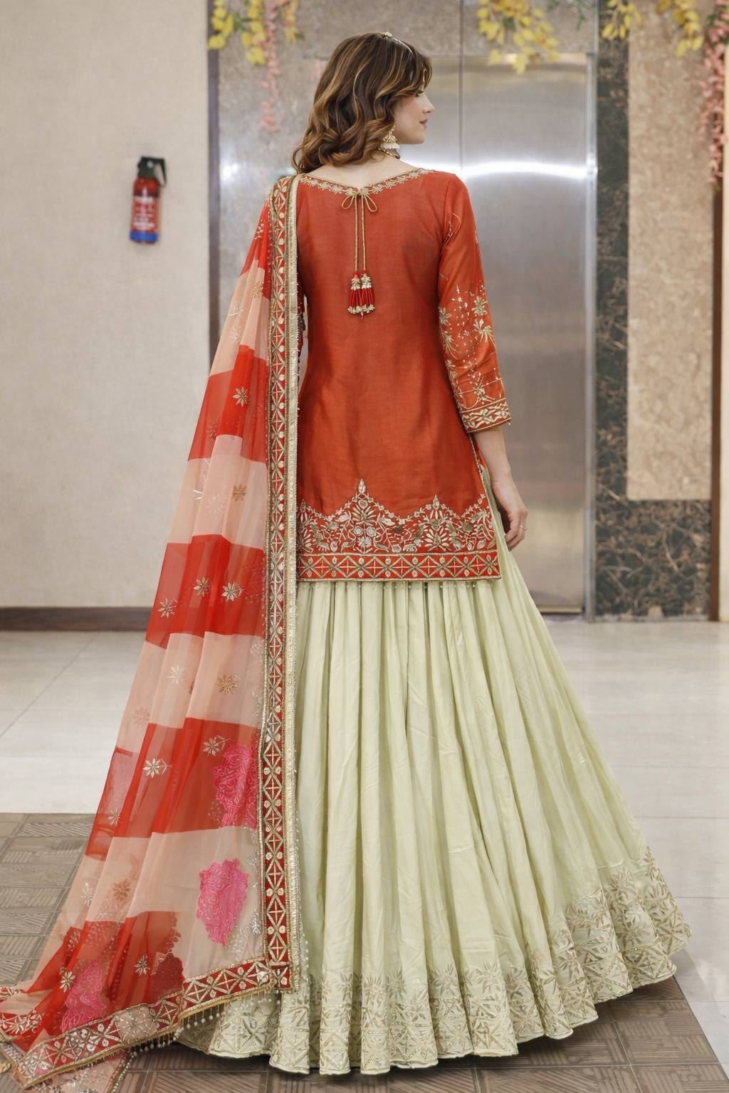 Fancy Silk Embroidered Top with Crepe Silk Lehenga & Organza Dupatta