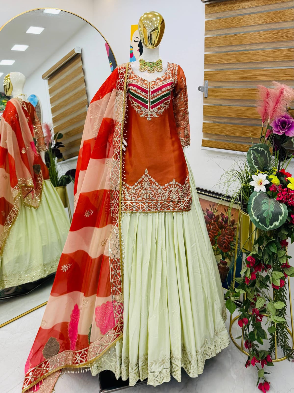 Fancy Silk Embroidered Top with Crepe Silk Lehenga & Organza Dupatta