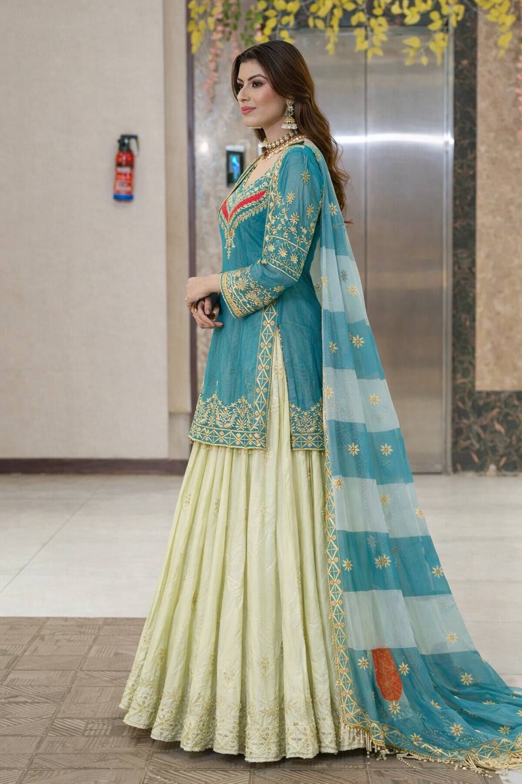 Fancy Silk Embroidered Top with Crepe Silk Lehenga & Organza Dupatta