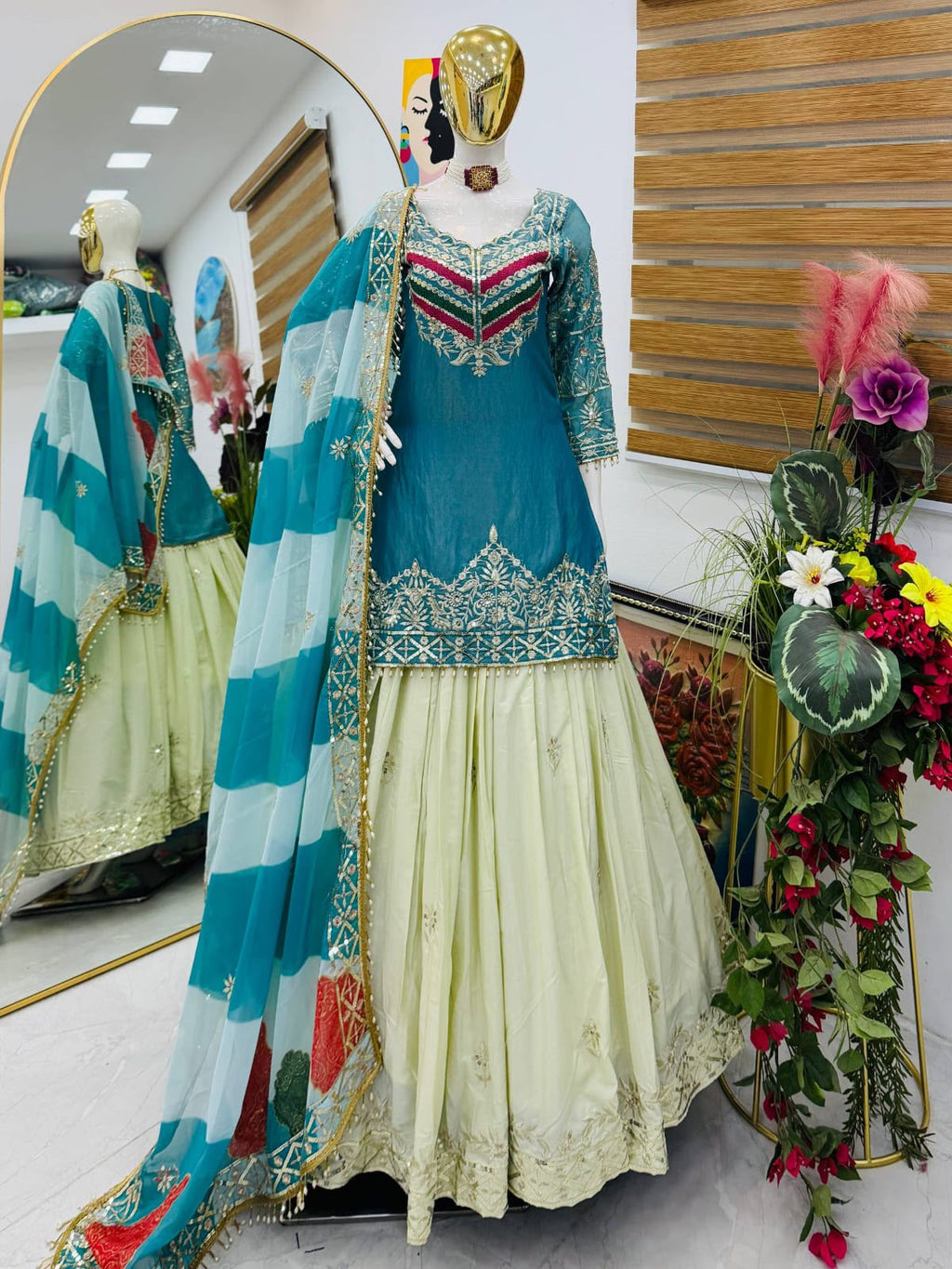 Fancy Silk Embroidered Top with Crepe Silk Lehenga & Organza Dupatta