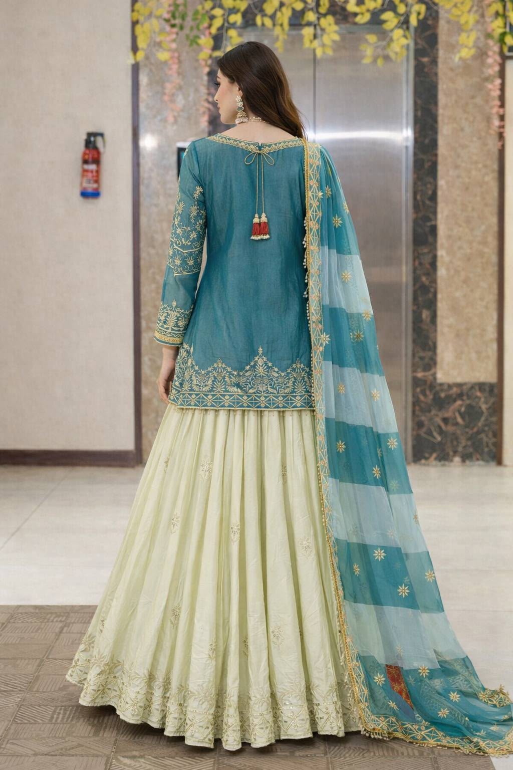 Fancy Silk Embroidered Top with Crepe Silk Lehenga & Organza Dupatta