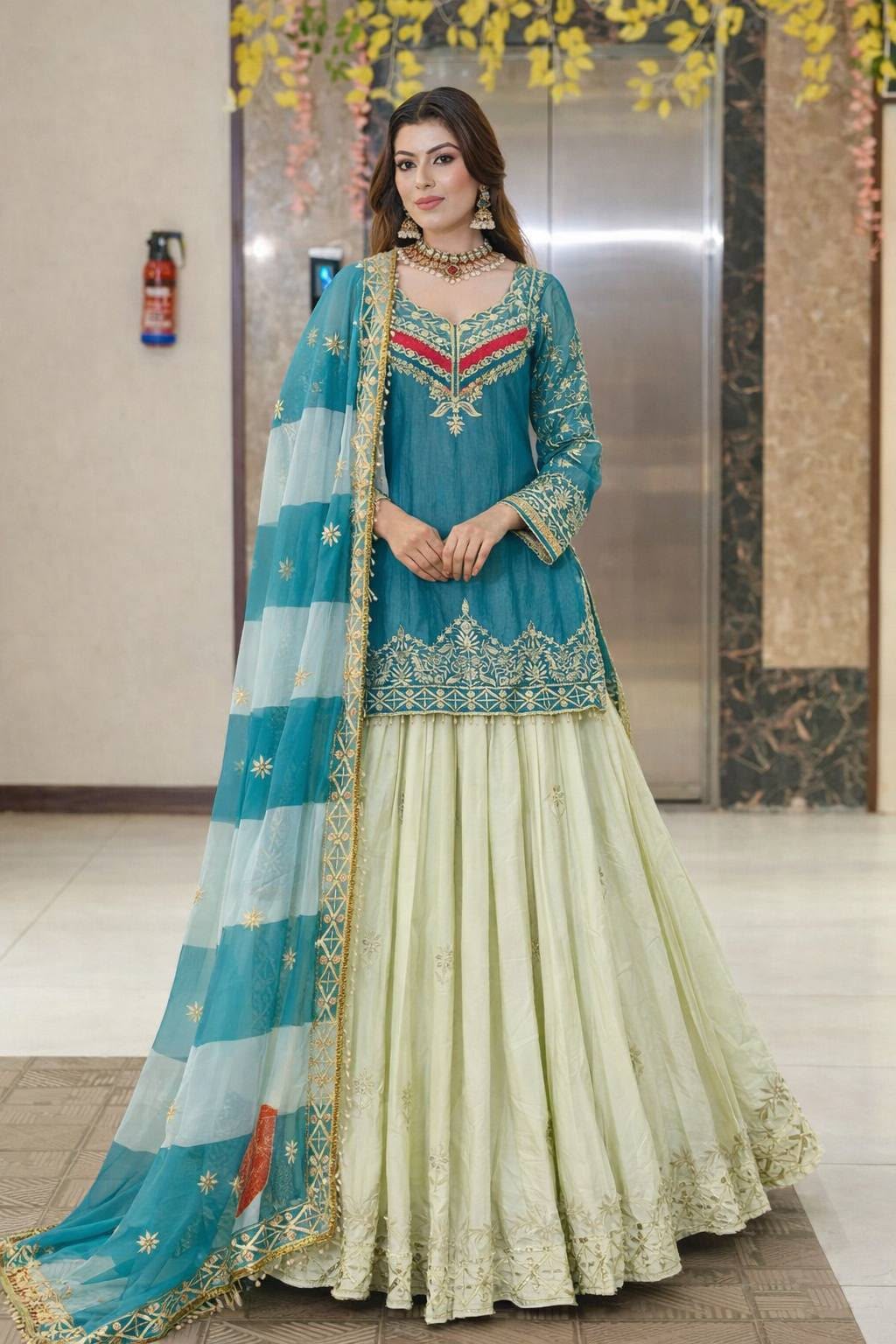 Fancy Silk Embroidered Top with Crepe Silk Lehenga & Organza Dupatta