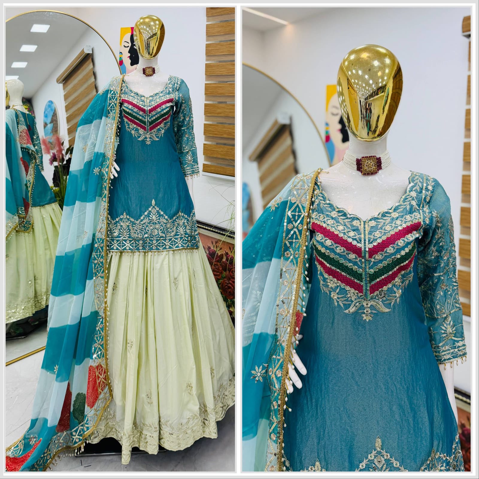 Fancy Silk Embroidered Top with Crepe Silk Lehenga & Organza Dupatta