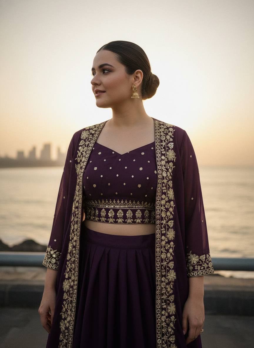 Embroidered Star Georgette Indowestern Lehenga Choli Set with Shrug