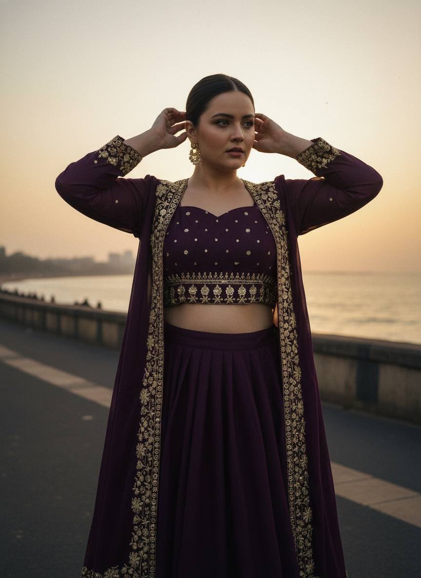 Embroidered Star Georgette Indowestern Lehenga Choli Set with Shrug