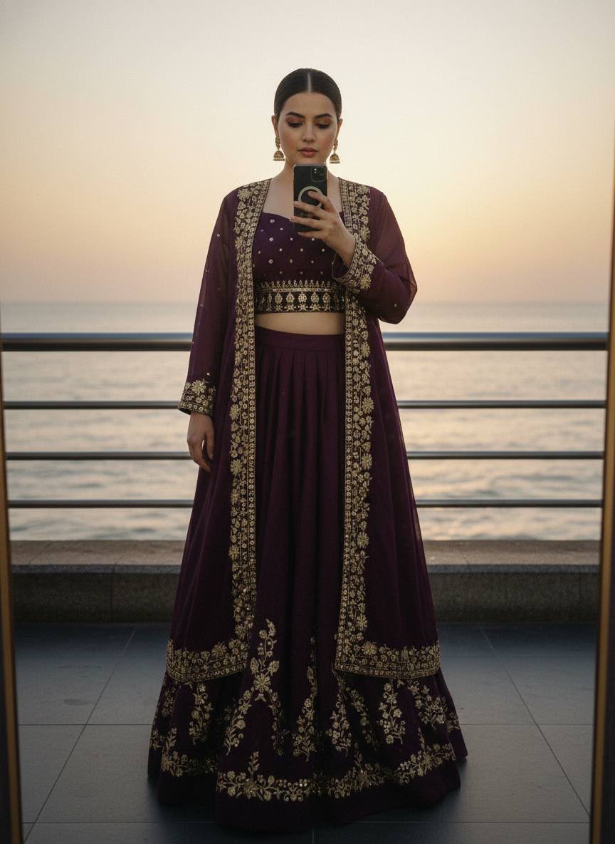 Embroidered Star Georgette Indowestern Lehenga Choli Set with Shrug