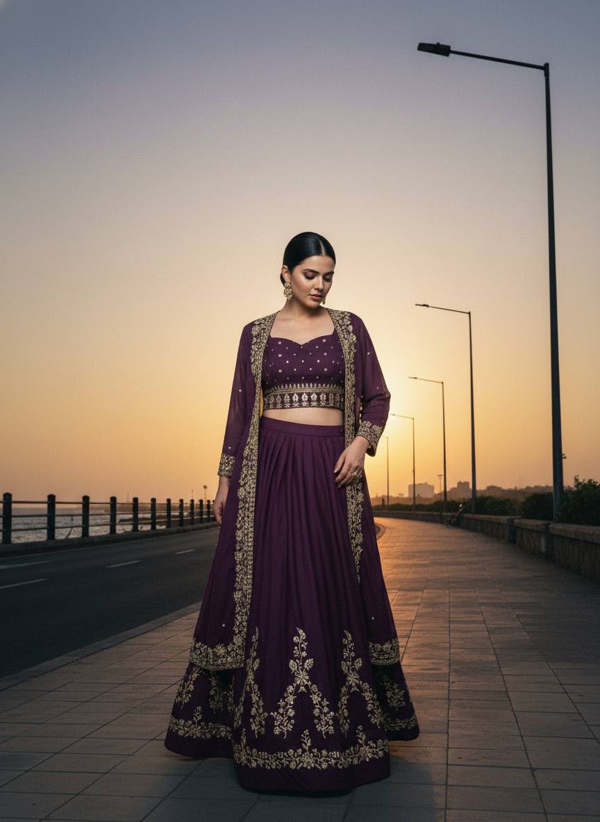 Embroidered Star Georgette Indowestern Lehenga Choli Set with Shrug