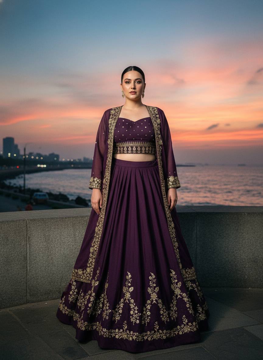 Embroidered Star Georgette Indowestern Lehenga Choli Set with Shrug