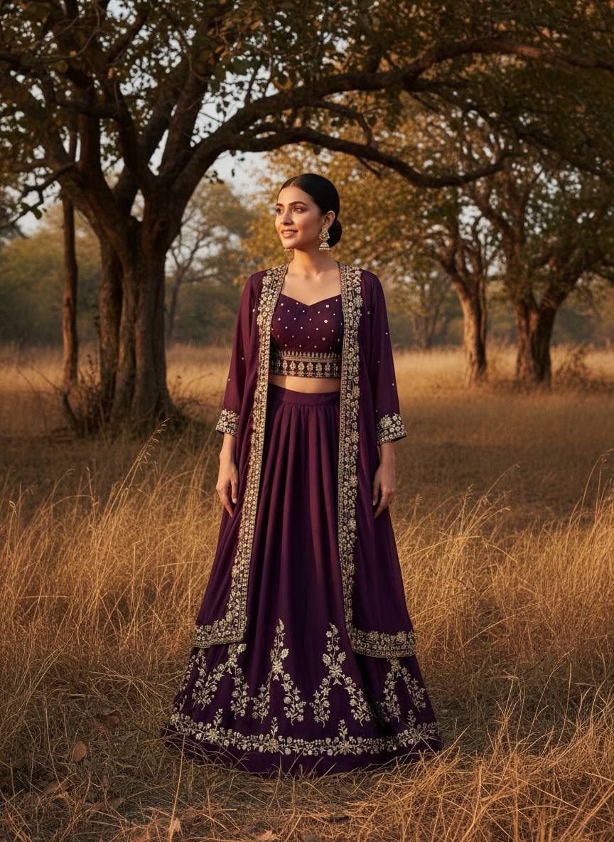 Embroidered Star Georgette Indowestern Lehenga Choli Set with Shrug