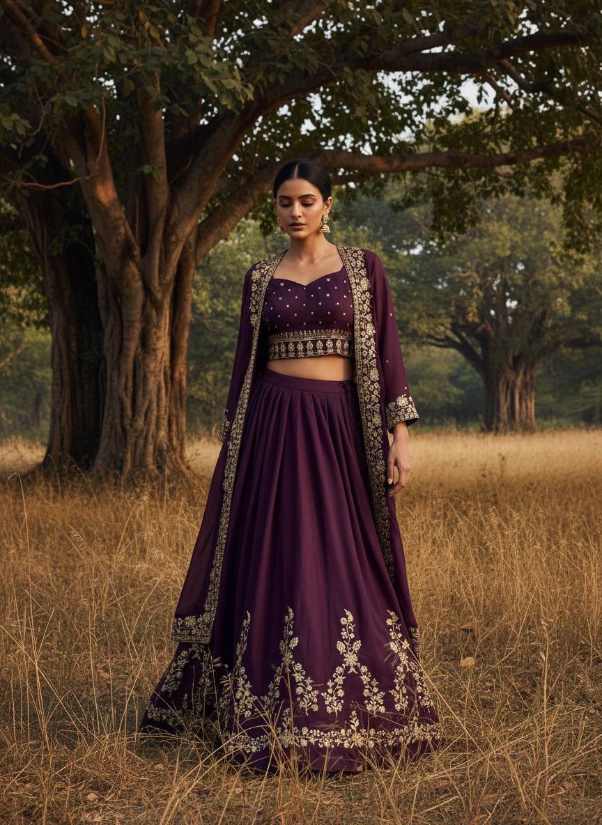 Embroidered Star Georgette Indowestern Lehenga Choli Set with Shrug