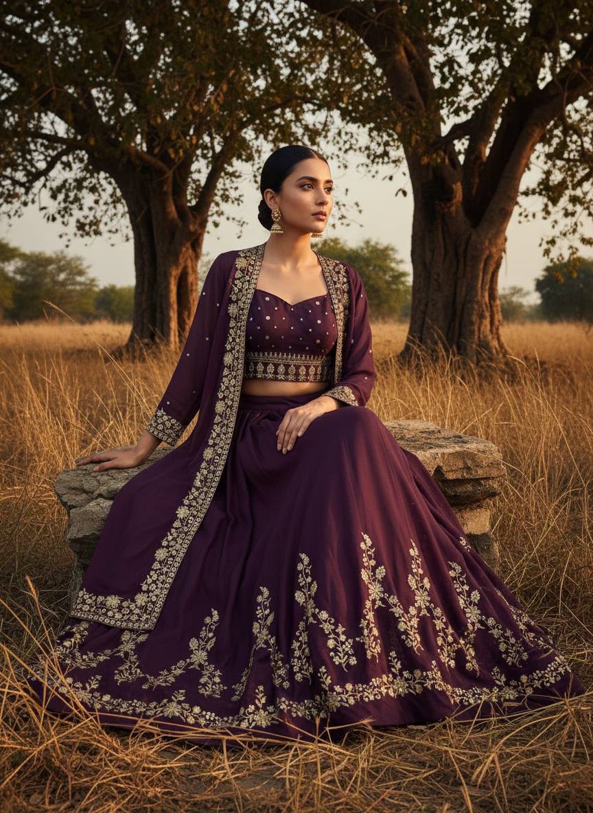 Embroidered Star Georgette Indowestern Lehenga Choli Set with Shrug