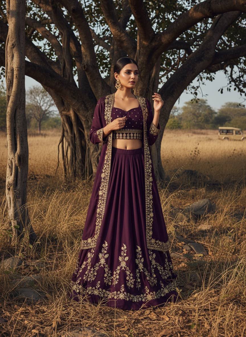 Embroidered Star Georgette Indowestern Lehenga Choli Set with Shrug
