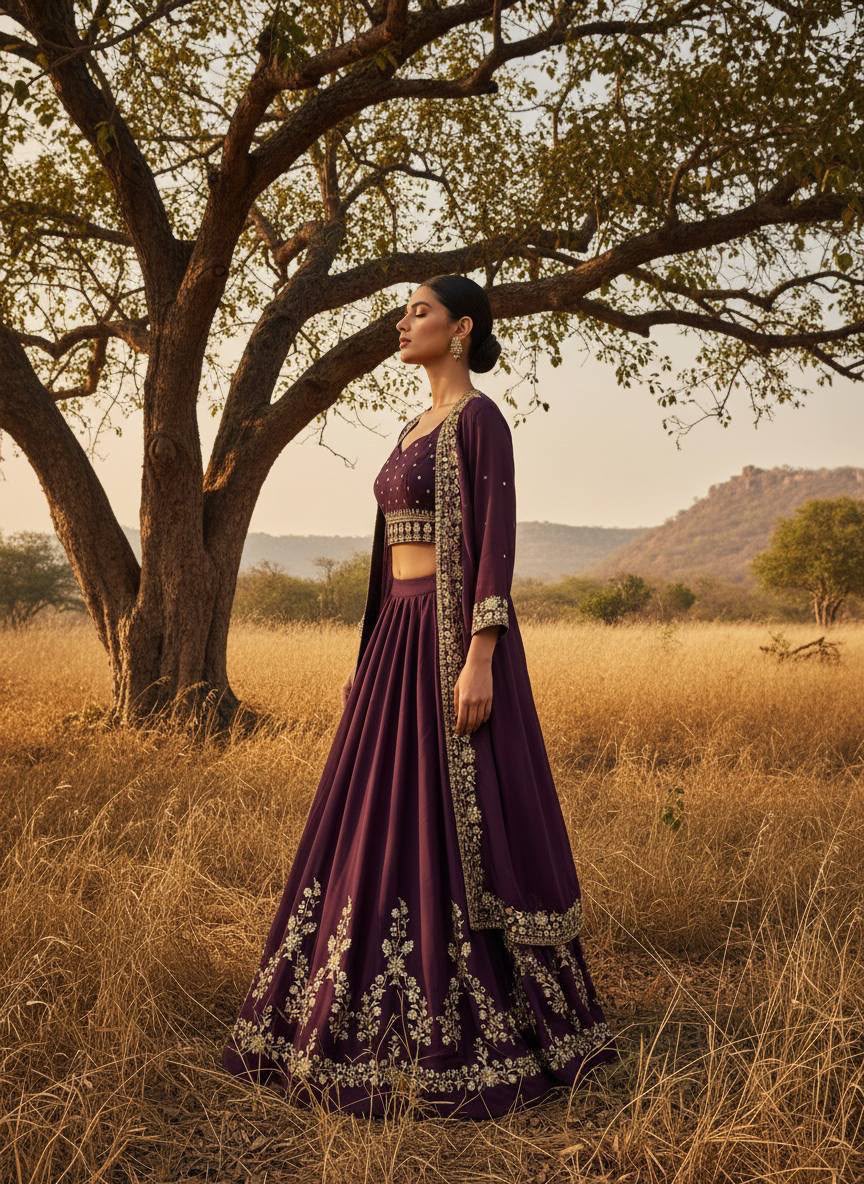 Embroidered Star Georgette Indowestern Lehenga Choli Set with Shrug