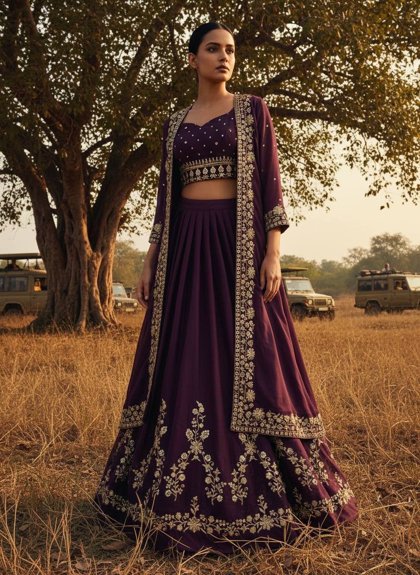 Embroidered Star Georgette Indowestern Lehenga Choli Set with Shrug