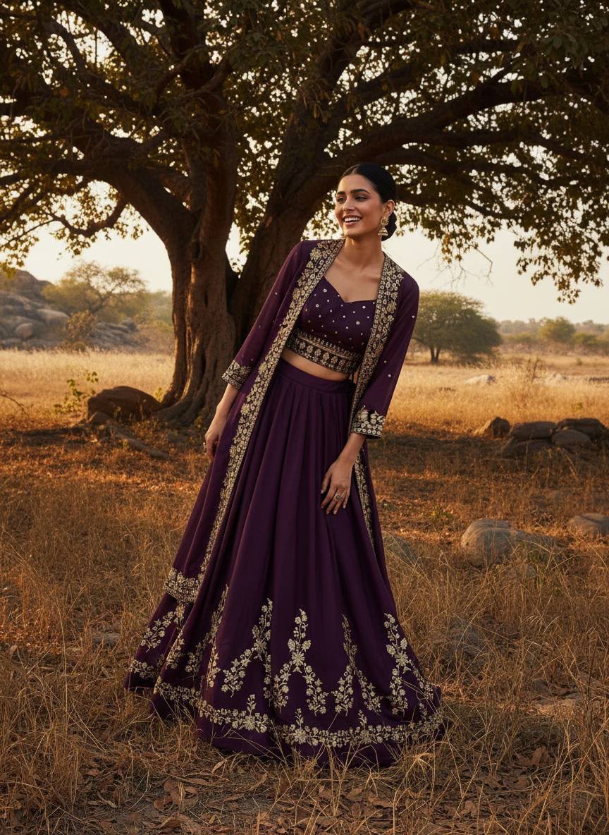 Embroidered Star Georgette Indowestern Lehenga Choli Set with Shrug
